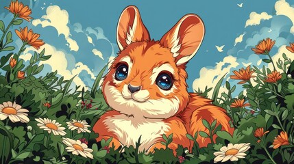 Fototapeta premium A cute, cartoon-style orange rabbit among flowers under a bright blue sky.