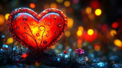 Valentine heart card featuring a glass heart centerpiece softly glowing against a dreamy romantic background ultra-detailed cinematic depth