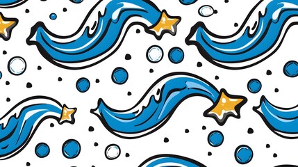Obraz premium Whimsical Blue Waves and Stars Pattern on White Background