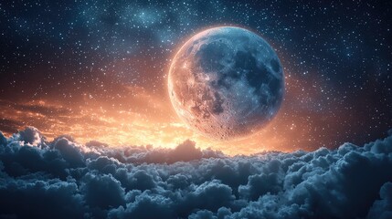 Majestic full moon illuminating a vibrant sky filled with stars and colorful clouds at dusk