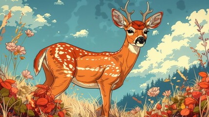 A colorful illustration of a deer standing in a flower-filled meadow under a blue sky.