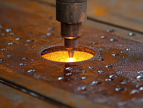 Plasma welding flame cutting industrial metal process with heat sparks on fabrication workbench closeup