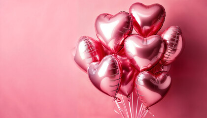 Fototapeta premium A vibrant collection of shiny, metallic pink heart-shaped balloons gathered closely together, reflecting light beautifully.