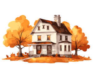 Quirky autumn house clipart isolated watercolor element with detailed artistic illustration  
