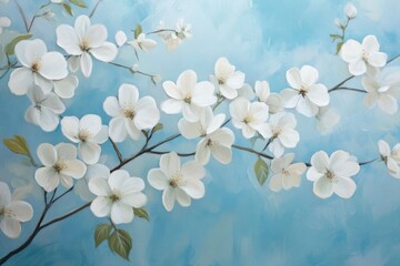 Delicate white flowers bloom against soft blue background, creating serene and joyful atmosphere. gentle petals and vibrant details evoke sense of tranquility and beauty. 