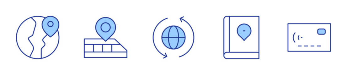 credit card, travel, worldwide, train, travel guide. Travel Icon vector illustration. Line Duotone style. Editable stroke