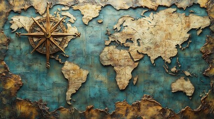 Aged world map compass guides adventurous journey teal blue tones. AI Generated