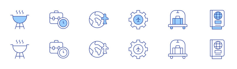 Travel icon set in two styles, Duotone and Thin Line style. Editable stroke. barbecue, case, earth globe, gear, hotel cart, passport