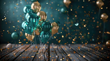 wooden table with a dark green background and golden lights, Christmas tree branches for product display or presentation blurred snowflakes falling in the air