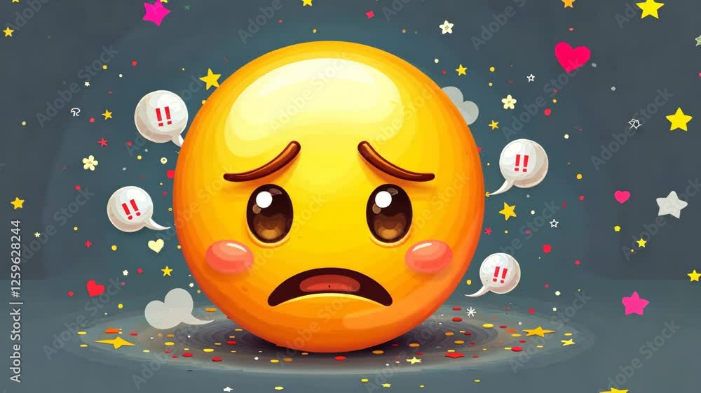 Poster A yellow face with a frown and a red heart on the left side. There are two red exclamation points on the right side