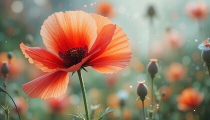 Pink poppy flower blooms amidst a soft focus garden during a sunny afternoon, showcasing delicate petals and vibrant colors. Generative AI