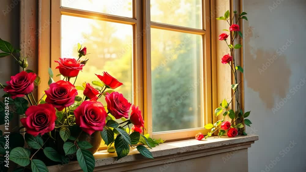 Poster A window with a bunch of red roses in it. The roses are in a vase and are placed on the window sill