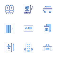 Travel icons set. Line Duotone style, editable stroke. chairs, elevator, hotel, passport, sport bag, travel, visa, travel journal