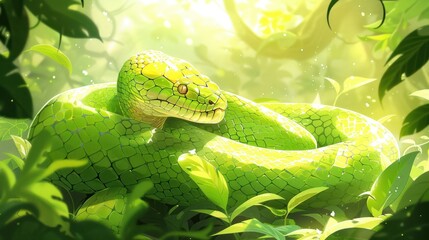 A vibrant green snake coiled among lush foliage, basking in dappled sunlight.