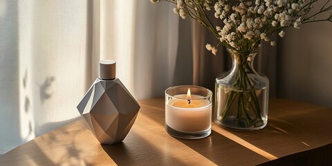 Stylish Perfume Bottle with Soft Candle Glow and Natural Decor
