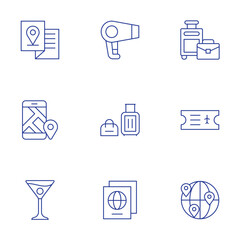 Travel icons set. Thin Line style, editable stroke. brochure, check in, hair dryer, luggage, martini, passport, suitcase, ticket, travel