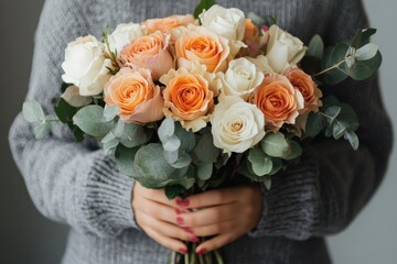 A close-up shot of a woman holding a beautiful bouquet of peach and cream roses.