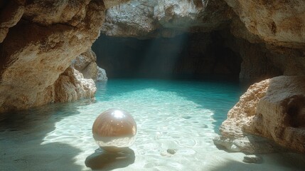 Serene underwater cave with a reflective sphere, illuminated by rays of sunlight, tranquil water