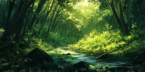 Lush Green Forest with a Clear Flowing Stream