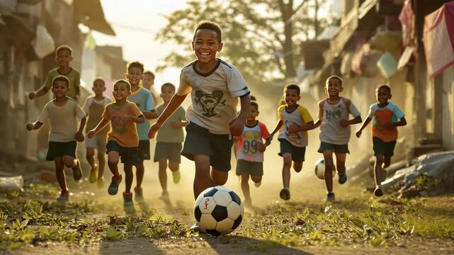 Children Joyfully Playing Soccer in a Lively Neighborhood During Golden Hour