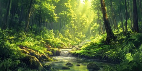 A lush green forest with a clear stream running through, representing environmental conservation