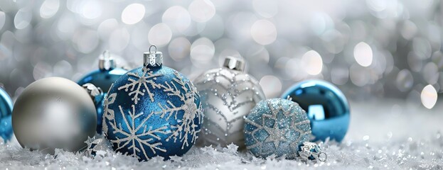 Blue and silver glittering bulbs create an abstract blurred backdrop for Christmas wallpaper decorations perfect for holiday festivals and celebrations with sparkling lights and a circle of illuminat