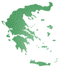 Obraz premium Green textured paper cutout of Greece map isolated on white background, ideal for design projects, geography concepts, and environmental themes.