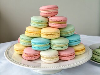 Obraz premium Pastel Macarons Tower on White Plate