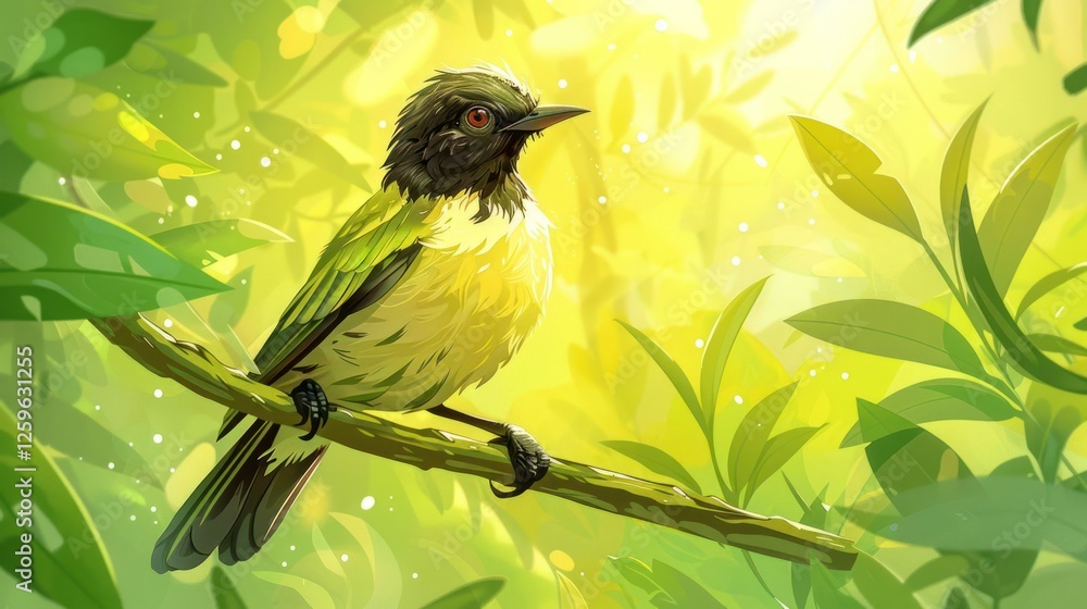 Poster a colorful bird perched on a branch surrounded by lush greenery and soft light.