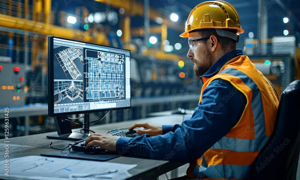 Poster engineer reviewing factory blueprints on computer