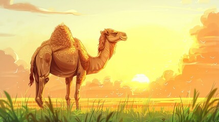 A camel stands in a vibrant landscape at sunset, showcasing nature's beauty.