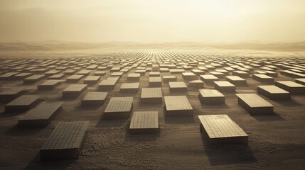 Obraz premium Vast Solar Panel Field Under Golden Sunrise with Dusty Horizon and Infinite Rows of Renewable Energy Technology