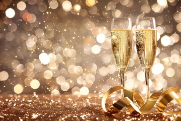 Two elegant champagne flutes filled with sparkling wine stand against a shimmering golden background, perfect for celebrations in any season