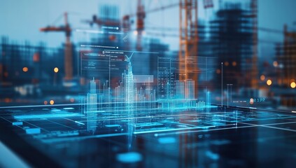 City planning software, digital model, construction site background, analysis