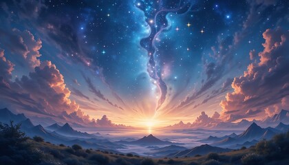 Naklejka premium Starry Night Sky with Vibrant Milky Way over Serene Mountain Landscape generative AI