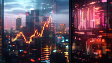 City skyline with stock chart on futuristic screens
