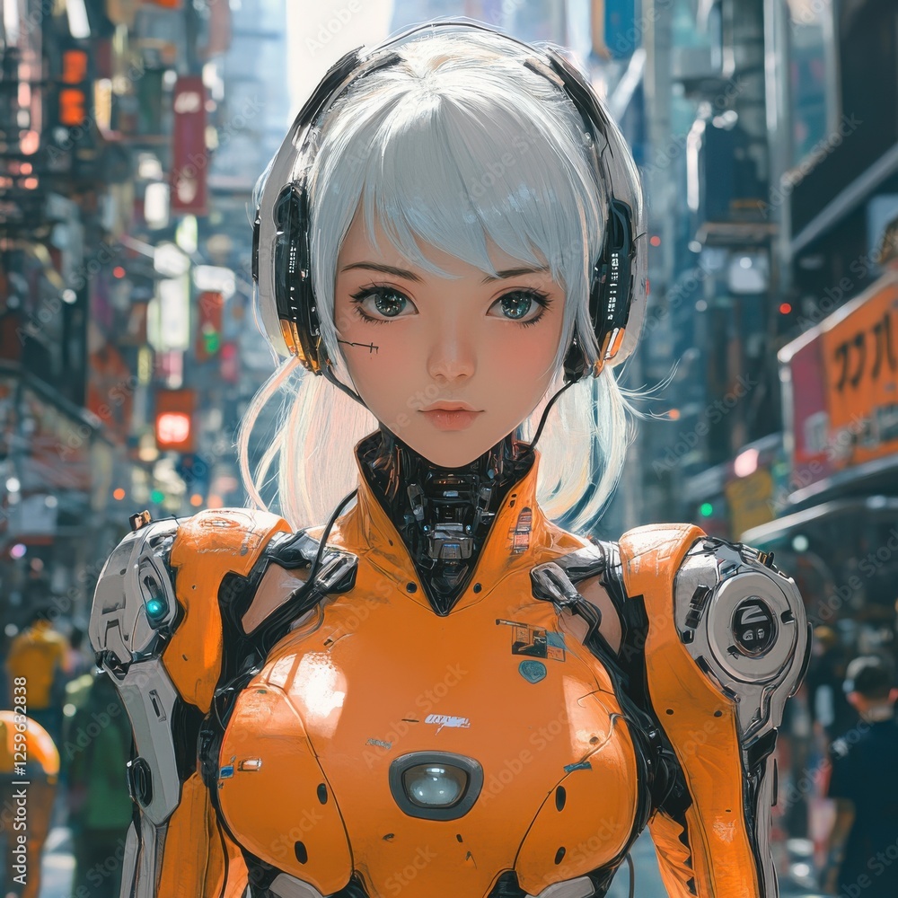 Poster futuristic cybernetic character in urban setting with neon lights and high-tech elements