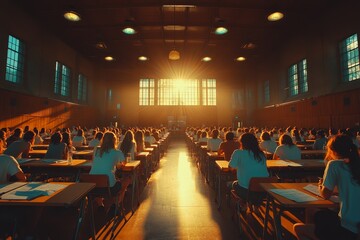 Students taking exam, hall, sunset. Education, hope