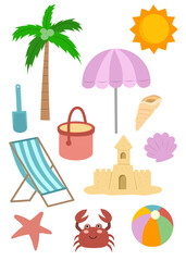 Set of summer elements, beach elements cartoon collection, beach, things on the beac, objects found on the beach 