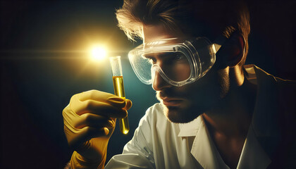 Fototapeta premium Medical A cinematic perspective of a scientist wearing protective goggles and gloves, closely examining a te2