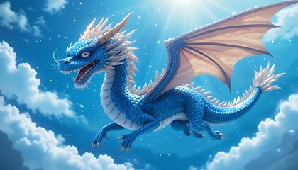 Fototapeta premium Blue Dragon Roaming in a Vibrant Green Valley with a Majestic Sky. generative AI