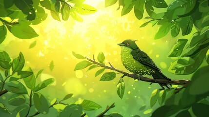 Obraz premium A vibrant green bird perched on a branch surrounded by lush foliage and soft light.