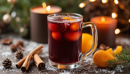 Fototapeta premium Festive mulled wine with spices illuminated by warm candles, holiday cheer