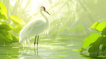 Naklejka premium A serene white crane stands gracefully in a tranquil, misty wetland surrounded by lush greenery.