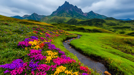 Mountain wildflowers stream landscape, scenic travel background