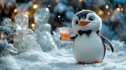 A cheerful penguin in a bow tie holds a drink amidst a snowy winter landscape with festive decorations
