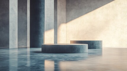 Serene grey concrete platforms subtly illuminated by soft sunlight. AI Generated