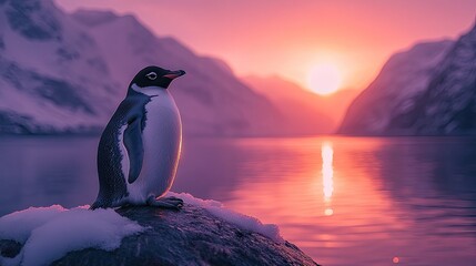 A solitary penguin perched on a rock at sunset, overlooking a serene fjord with mountains in the background