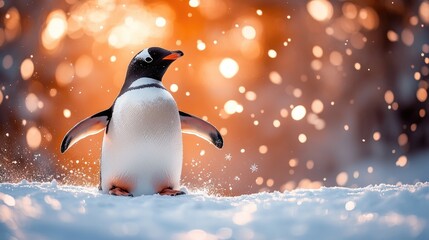 A cheerful penguin stands in the snowy landscape, surrounded by sparkling lights, evoking winter joy