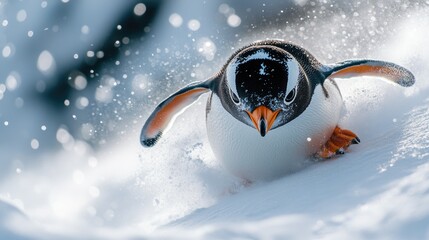A playful penguin slides across the snowy landscape, surrounded by falling snowflakes, showcasing winter joy